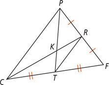 Triangle PCF has a segment from angle P to midpoint T on side CF and a segment from angle C to midpoint R on side PF intersecting at K, with a third segment TR.