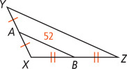 Triangle XYZ has a midsegment measuring 52 from A on side XY to B on side XZ.