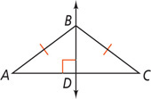 Triangle ABC, with sides AB and BC equal, has a line passing through vertex B perpendicular to side AC at D.