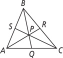 Triangle ABC has three segments intersecting at P: segment from A to R on side BC; segment from B to Q on side AC; and segment from C to S on side AB.