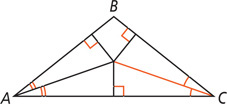 Triangle ABC has five lines intersecting in the middle: three black lines meeting each side at right angles, one black line bisecting A, and one red line bisecting C.