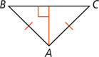 Triangle ABC, with sides AB and AC equal, has a red line from A meeting side BC at a right angle.
