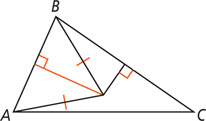 Triangle ABC has four lines meeting at a point inside: two equal black lines extending to vertices A and B, one black line meeting side BC at a right angle, and one red line meeting side AB at a right angle.