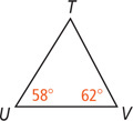 Triangle TUV has interior angles 58 degrees at U and 62 degrees at V.