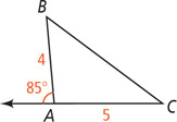 Triangle ABC has side AB measuring 4, side AC measuring 5, and exterior angle at A measuring 85 degrees.