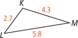 Triangle LKM has side LK measuring 2.7, side KM measuring 4.3, and side LM measuring 5.8.