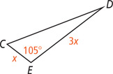 Triangle CDE has side CE measuring x, side DE measuring 3x, and angle E measuring 105 degrees.