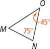 Triangle MNO has interior angles measuring 75 degrees at N and 45 degrees at O.