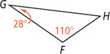 Triangle FGH has interior angles measuring 110 degrees at F and 28 degrees at G.