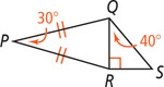 Quadrilateral PQSR has interior angle P measuring 30 degrees with sides PQ and PR equal. A segment from Q meets R at a right angle, with angle SQR measuring 40 degrees.