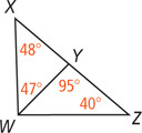 Quadrilateral WXZ has a segment from W meeting side XZ at Y, with angle X 48 degrees, angle Z 40 degrees, angle XWY 47 degrees, and angle WYZ 95 degrees.