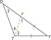 Triangle TOY has a segment from T meeting side OY at P, forming triangles TPO and TPY. In triangle TPY, angle 1 is at P, angle 2 is at T, and sides PY and TY are equal. Triangle TPO has angle 3 at O and angle 4 at T.