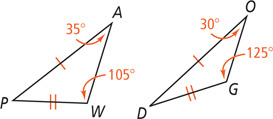 Between triangles APW and ODG, sides AP and OD are equal and sides PW and DG are equal. Angle A measures 35 degrees, angle W 105 degrees, angle O 30 degrees, and angle G 125 degrees.