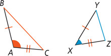 Triangles ABC and XYZ have sides AB and XY equal and sides AC and XZ equal, with angle A larger than angle X.