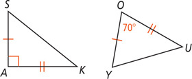 Triangle SAK, with a right angle at A, and triangle YOU, with 70 degree angle at O, have sides SA and YO equal and sides KA and UO equal.