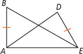 Overlapping triangles ABE and ADE share side AE, with sides AB and DE equal.