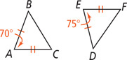 Between triangles ABC, with 70 degree angle at A, and DEF, with 75 degree angle at E, sides AB and ED are equal and sides AC and EF are equal.