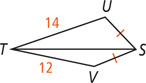 Quadrilateral TUSV, with diagonal TS, has side TU measuring 14, side TV measuring 12, and sides US and VS equal.