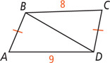 Quadrilateral ABCD, with diagonal BD, has side BC measuring 8, side AD measuring 9, and sides AB and CD equal.