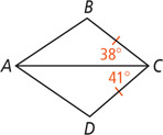 Quadrilateral ABCD, with diagonal AC, has sides BC and CD equal, with angle BCA measuring 38 degrees and angle DCA measuring 41 degrees.