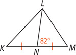 Triangle KLM has a segment from L to midpoint N on side KM, with angle LNM measuring 82 degrees.