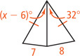 Two triangles share a side, with two corresponding sides equal. One triangle has the third side measuring 7 with opposite angle (x minus 6) degrees. The other has third side measuring 8 with opposite angle 32 degrees.