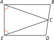 Quadrilateral ABDE has diagonals from vertices A and E meeting at C on side BD, forming equal angles EAC and AEC.
