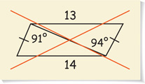 A quadrilateral has top side labeled 13, bottom side labeled 14, left and right sides equal. A diagonal from top left to bottom right has angle between the left side labeled 91 degrees and angle with the right side 94 degrees.