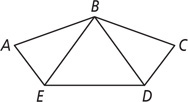Pentagon ABCDE is divided into three triangles by diagonals BE and BD.