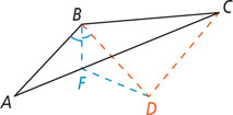 Triangle ABC has dashed segments from obtuse angle B and vertex C meeting at D outside the triangle. Segments from F on side AC lead to B and D. Angles ABF and FBD are equal.