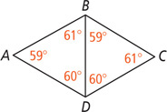 Triangles ABD and CBD share side BD. Triangle ABD has interior angles measuring 59 degrees at A, 61 degrees at B and 60 degrees at D. Triangle CBD has interior angles measuring 61 degrees at C, 59 degrees at B, and 60 degrees at D.