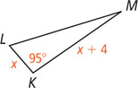 Triangle KLM has side KL measuring x, side KM measuring x + 4, and interior angle at K measuring 95 degrees.