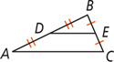 Triangle ABC has a segment extending from midpoint D on side AB to midpoint E on side BC.