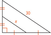A right triangle, with hypotenuse measuring 30, has a segment measuring x extending between the midpoints of the legs.