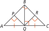 Triangle ABC has a segment bisecting angle B, a segment perpendicular to P on side AB, and a segment perpendicular to R on side BC all meet at midpoint Q of side AC.