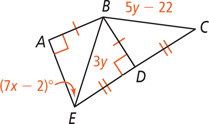 Quadrilateral ABCE has a right angle at A and side BC measuring 5y minus 22. A segment equal to side AB extends from B to midpoint D on side CE at a right angle. A segment measuring 3y extends from B to E, with angle AEB measuring (7x minus 2) degrees.