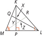 Triangle MKL has angle bisectors extending from angle M to R on side KL and angle L to Q on side MQ, intersecting at Z. A segment from angle K meets side ML at a right angle at P, intersecting segments MR at Z and LQ at X.