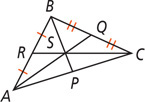 Triangle ABC has segments extending from each angle intersecting at S: from A to midpoint Q on side BC, from B to P on side AC, and from C to midpoint R on side AB.