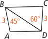 Quadrilateral ABCD, with sides AB and CD each measuring 3, has diagonal BD, with angle ABD measuring 45 degrees and angle CDB measuring 60 degrees.