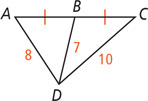 Triangle ACD, with side AD measuring 8 and side CD measuring 10, has a segment measuring 7 extending from angle D to midpoint B on side AC.