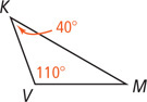 Triangle KVM has interior angles measuring 40 degrees at K and 110 degrees at V.