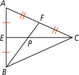 Triangle ABC has a segment from angle B to midpoint F on side AC and a segment from angle C to midpoint E on side AB, intersecting each other at P.