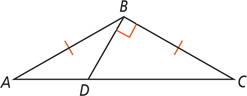 Triangle ABC, with sides AB and CB equal, has a segment from B to D on side AC, forming right angle CBD.