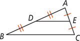 Triangle ABC has a segment from midpoint D on side AB to midpoint E on side AC.