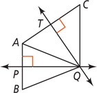 Quadrilateral ABQC, with diagonal AQ, has lines passing through Q, one perpendicular to side AB at P and one perpendicular to side AC through T.