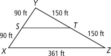 Triangle XYZ, with side XZ measuring 361 feet, has a segment from midpoint S on side XY to midpoint T on side ZY, creating segments SY and SX measuring 90 feet and segments TY and TZ measuring 150 feet.