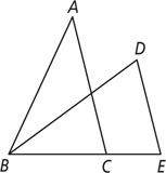 Triangles ABC and DBE has side BC overlapping on a portion of segment BE, with sides AC and DB intersecting.