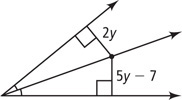 An angle has a ray bisecting the angle. Segments from the ray measuring 2y and 5y minus 7 meet the rays of the angle at right angles.