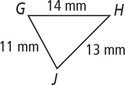 Triangle GHJ has side GH measuring 14 millimeters, side HJ measuring 13 millimeters, and side GJ measuring 11 millimeters.