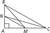 Triangle ABC, with a right angle at A, has segments from B to M on side AC and from C to N on side AB intersecting, with a segment MN.